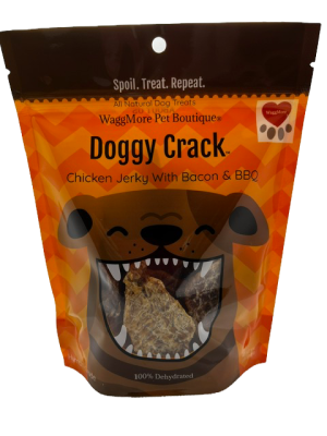 036000291452 WAGGMORE DOGGY CRACK CHICKEN JERKY BBQ/BACON 8OZ