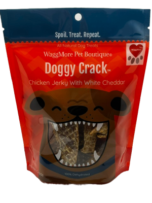 043100750246 WAGGMORE DOGGY CRACK CHICKEN JERKY WHITE CHEDDAR 8OZ