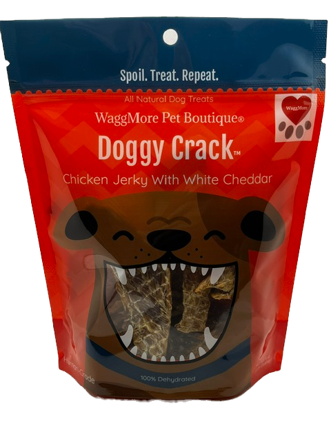 043100750246 WAGGMORE DOGGY CRACK CHICKEN JERKY WHITE CHEDDAR 8OZ
