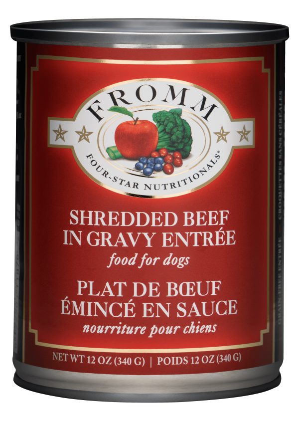 072705118779 FROMM 4-STAR SHREDDED BEEF IN GRAVY ENTREE 12OZ DOG CANS
