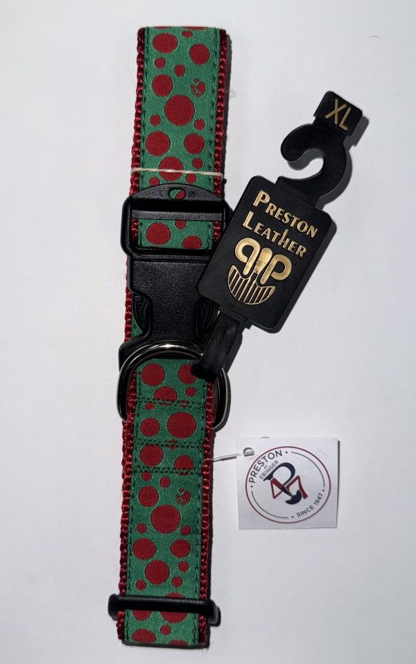 852687801537 PRESTON RED AND GREEN POLKA PAW 1.25 INCH COLLAR